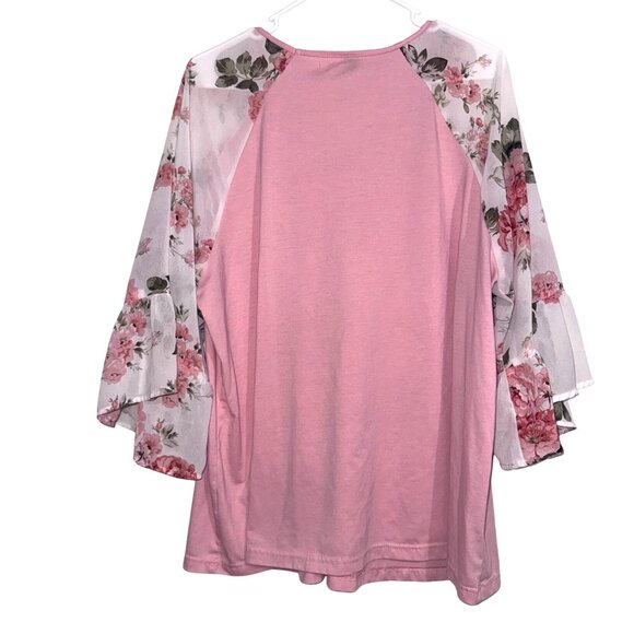 Shein Curve Pink V-Neck Top With Floral Sheer Bell Sleeves 2XL - Picture 5 of 7